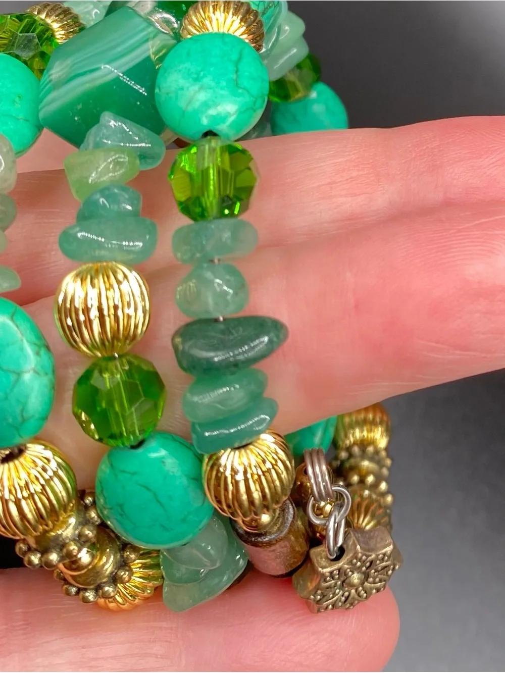 Boho multi strand Green Gold tone & wood Beaded Stretch Bracelet
